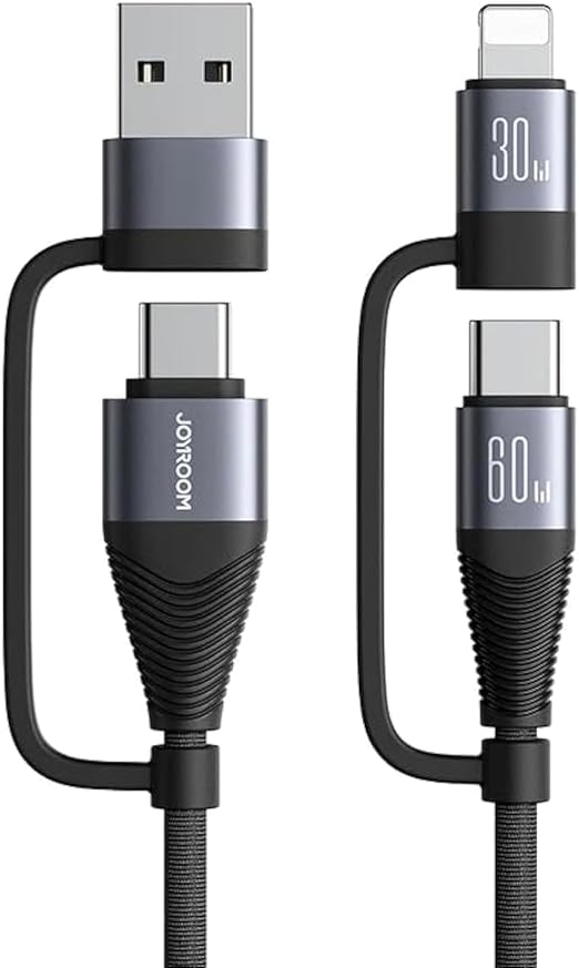 Joyroom SA37 60W 4-in-1 Fast Charging Data Cable USB-A+Type-C to Lightning+Type-C 1.2m-Black