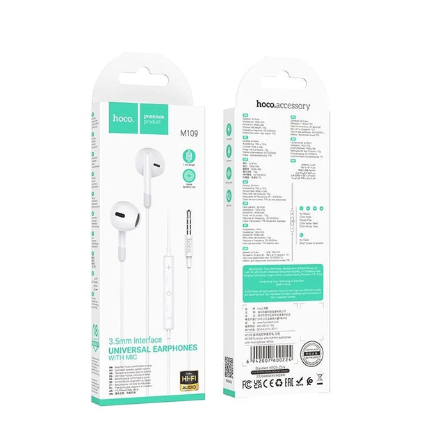 Hoco M109 Pure Joy Universal Earphone with Mic White