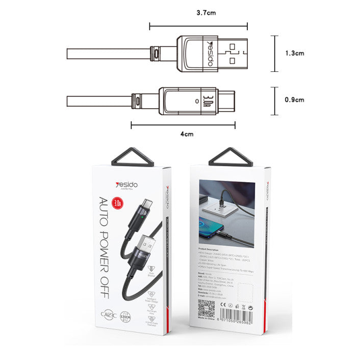 Yesido Data Cable 3A USB-A TO USB-C AUTO POWER OFF CA123C