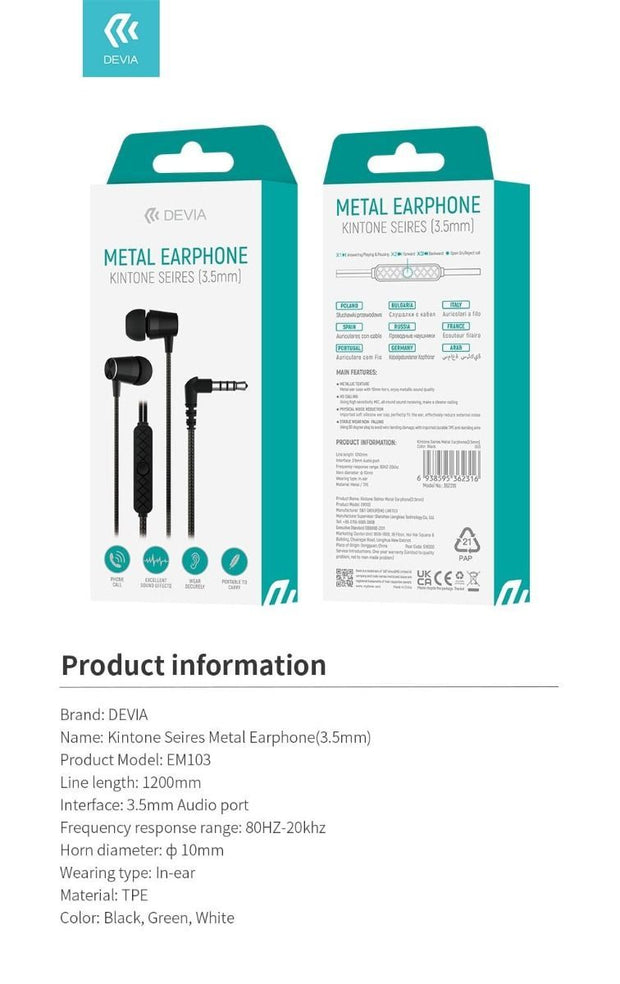 Devia EM103 Kintone Series Metal Earphone 3.5mm - White