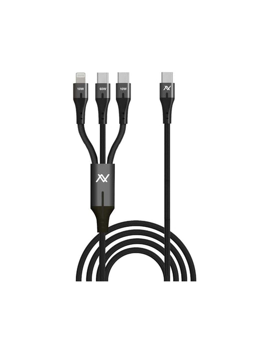 LAVVENTO (MP363) 3in1 Fast Charging Cable from USB-C to Dual USB-C and Lightning 1M - Black