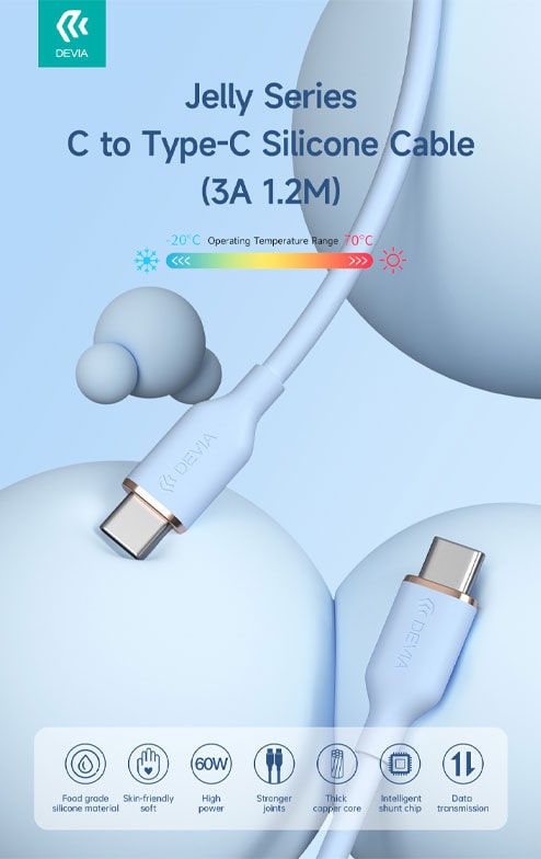 DEVIA Jelly Silicon Cable USB-C to USB-C 60W 1.2M - Blue