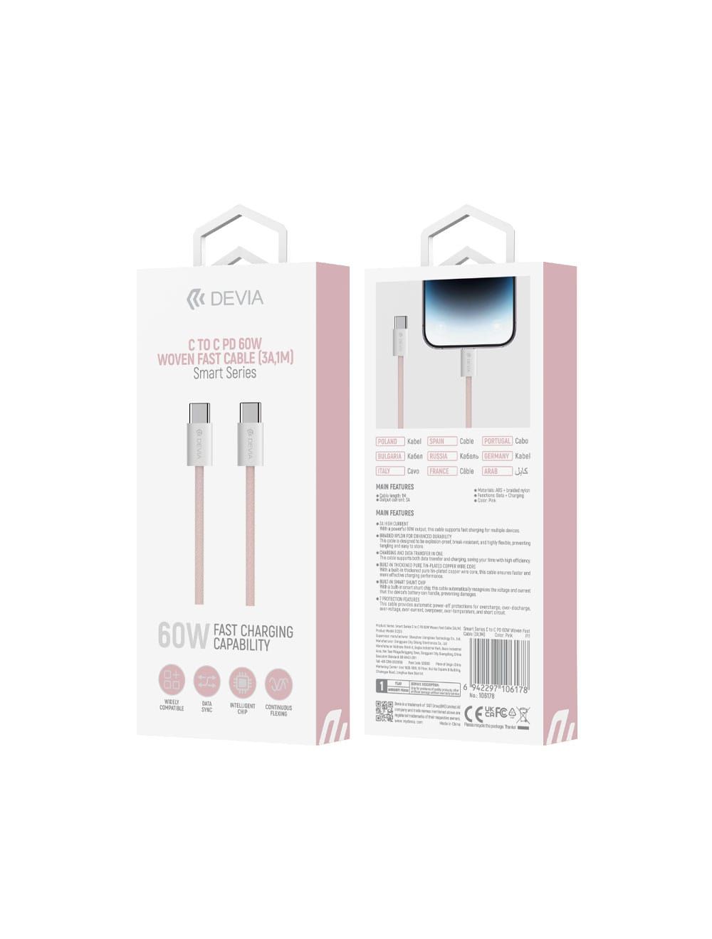DEVIA Smart Series PD Cable 60W Woven 1M - Pink