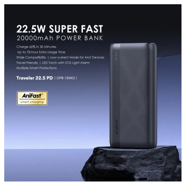 oraimo Traveler 22.5W SUPER FAST PD 20000mAh Power Bank - OPB-7204Q - Black