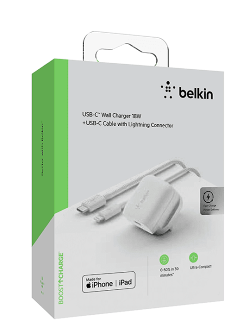 Belkin 18W USB-C PD Wall Charger + USB-C to Lightning Cable WhiteBelkin 18W USB-C PD Wall Charger + USB-C to Lightning Cable WhiteBelkin 18W USB-C PD Wall Charger + USB-C to Lightning Cable White