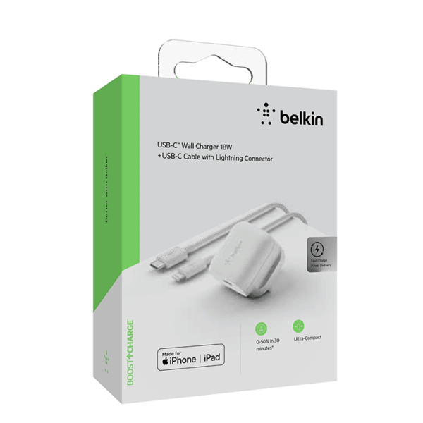 Belkin 18W USB-C PD Wall Charger + USB-C to Lightning Cable WhiteBelkin 18W USB-C PD Wall Charger + USB-C to Lightning Cable WhiteBelkin 18W USB-C PD Wall Charger + USB-C to Lightning Cable White